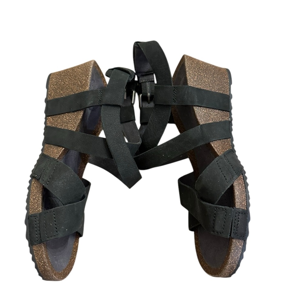 Teva Mahonia Sandals Women's 6 Black Nubuck Leather Strappy Cork Wedge Buckle - Picture 9 of 9